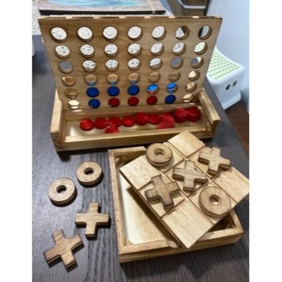 New Tic Tac Toe & 4 in a Row Table Games Set - Rustic Decor Wood Strategy - Picture 2 of 2